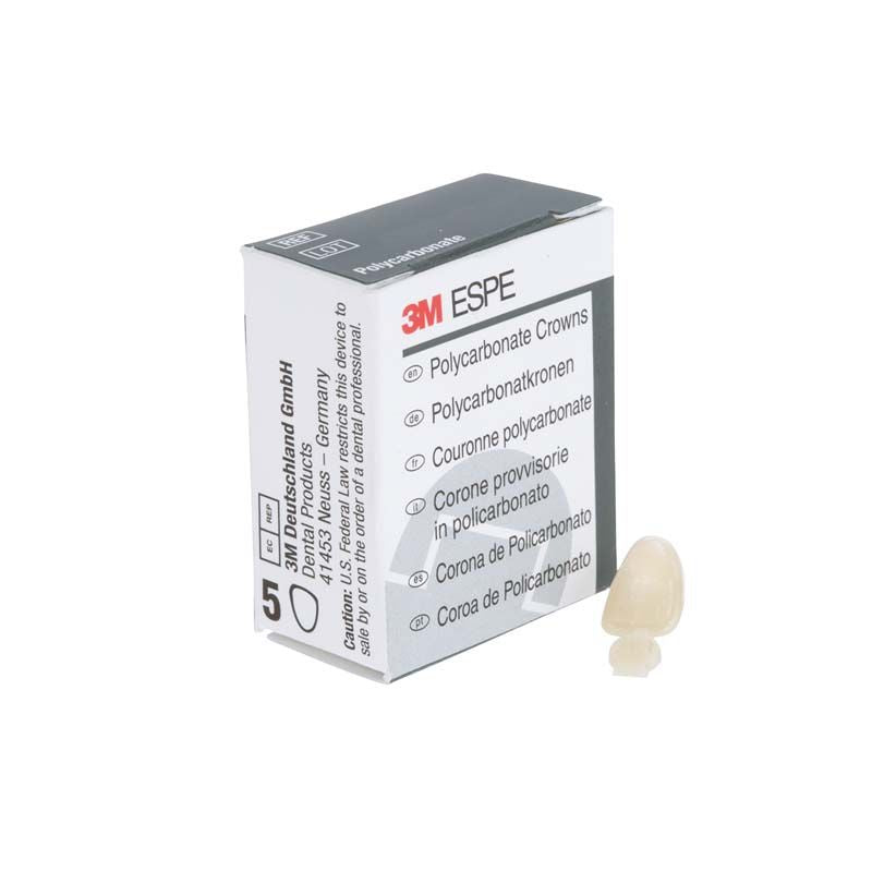 Polycarbonat-Krone Eckzähne Nr. 30 von 3M, Nahaufnahme neben Verpackung.