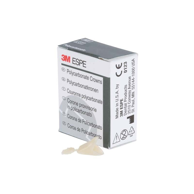 Polycarbonat-Kronen Eckzähne Nr. 30 mit Verpackung und Einzelkrone sichtbar.
