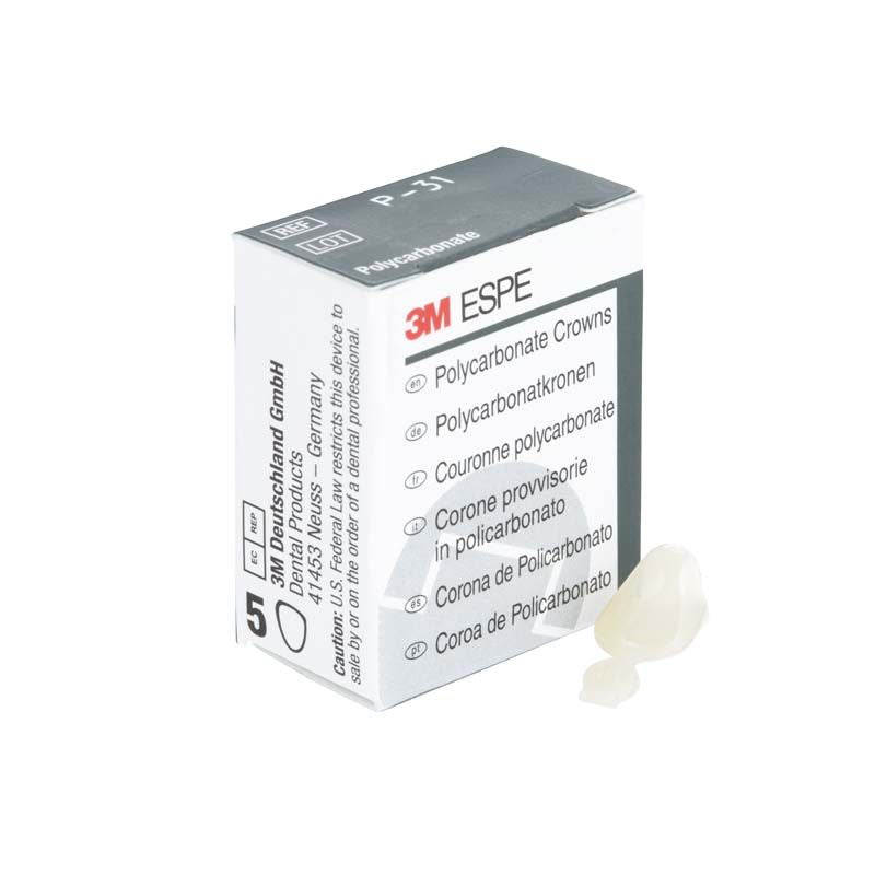 Polycarbonat-Krone für Eckzähne Nr. 31 von 3M neben der Verpackung.