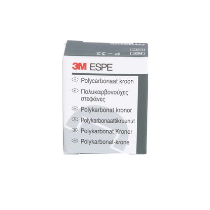 Polycarbonat-Kronen Eckzähne Nr. 32 in 3M-Verpackung mit mehrsprachigem Etikett.
