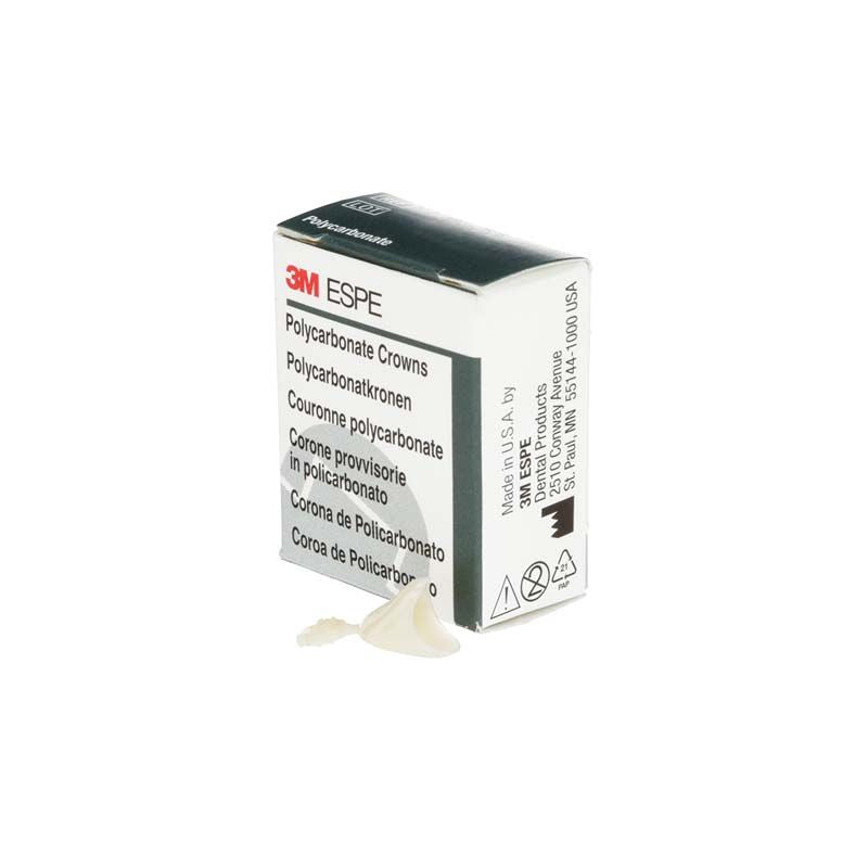 Polycarbonat-Krone Eckzähne Nr. 33 vor einer 3M-Verpackung mit mehrsprachiger Beschriftung.