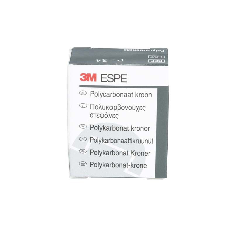 Polycarbonat-Kronen Eckzähne Nr. 34 Verpackung von 3M mit mehrsprachigem Text.