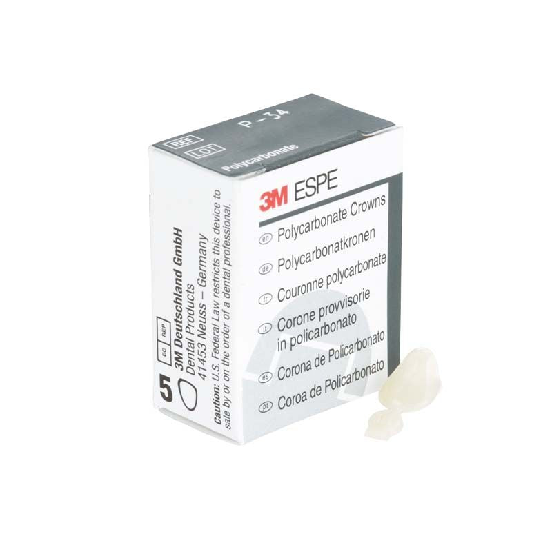 Polycarbonat-Kronen Eckzähne Nr. 34 von 3M neben der Verpackung.