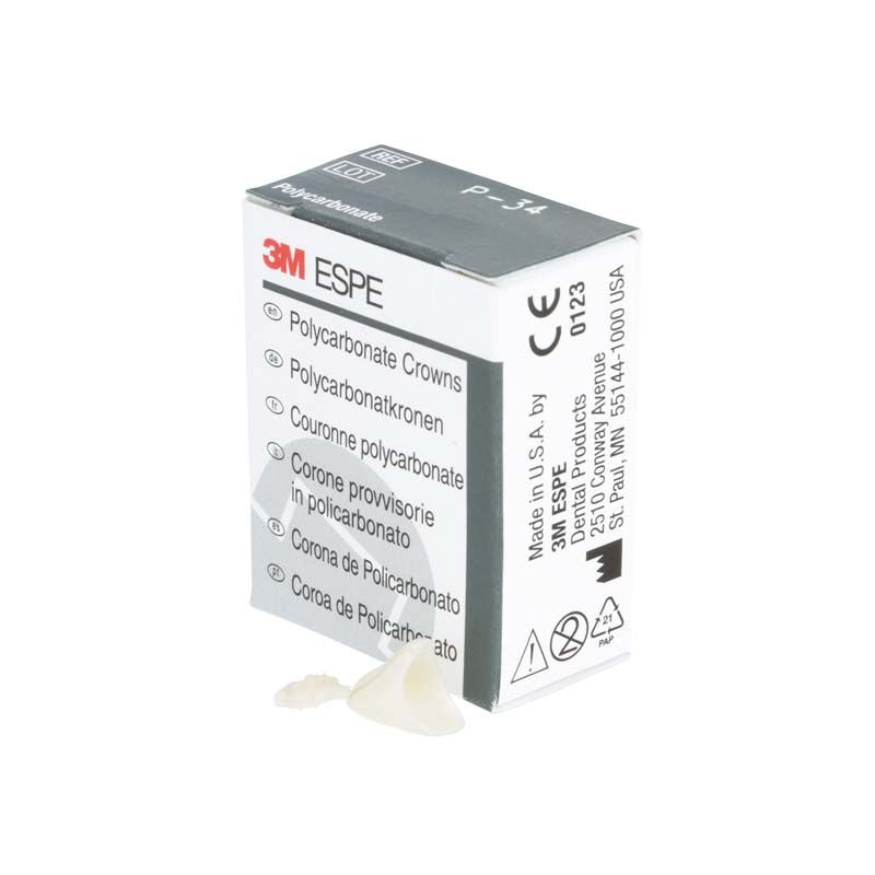 Polycarbonat-Kronen Eckzähne Nr. 34 von 3M neben Verpackung.