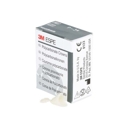 Polycarbonat-Kronen Eckzähne Nr. 34 von 3M neben Verpackung.