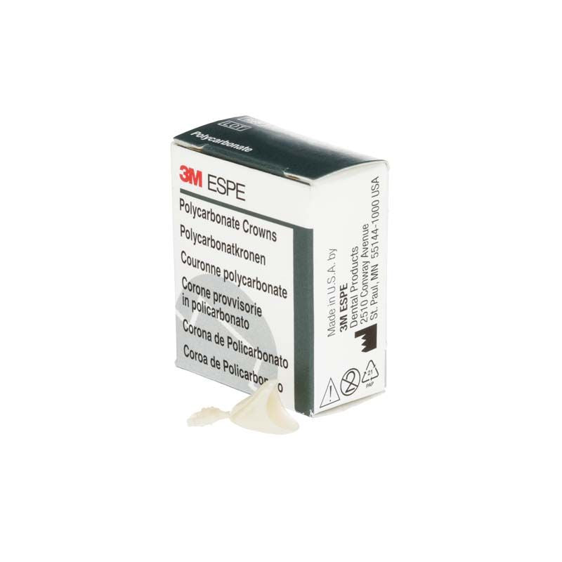 Nahaufnahme einer 3M Polycarbonat-Krone für Eckzähne vor der Verpackung.