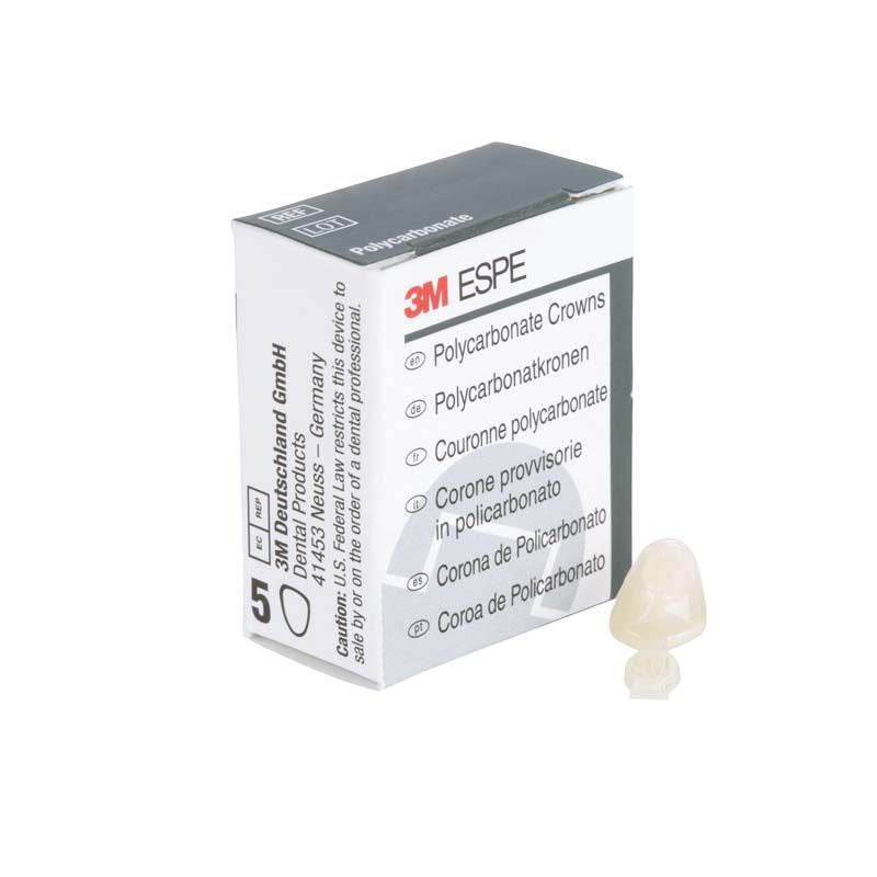 Polycarbonat-Krone für Eckzähne Nr. 37 neben 3M-Verpackung.