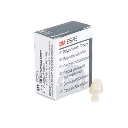 Polycarbonat-Krone für Eckzähne Nr. 37 neben 3M-Verpackung.