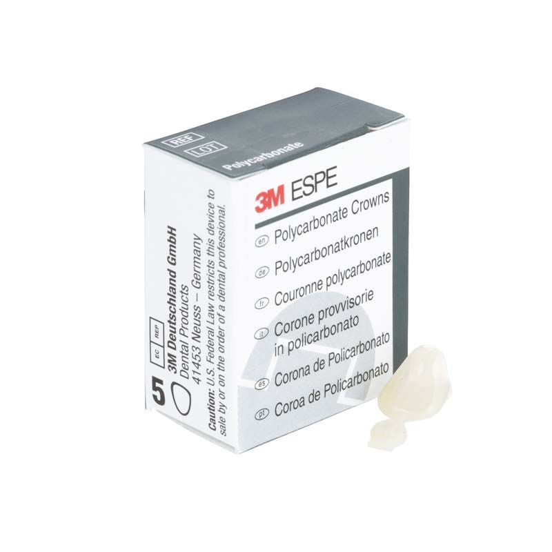 3M Polycarbonat-Kronen für Eckzähne Nr. 38 neben der Verpackung.