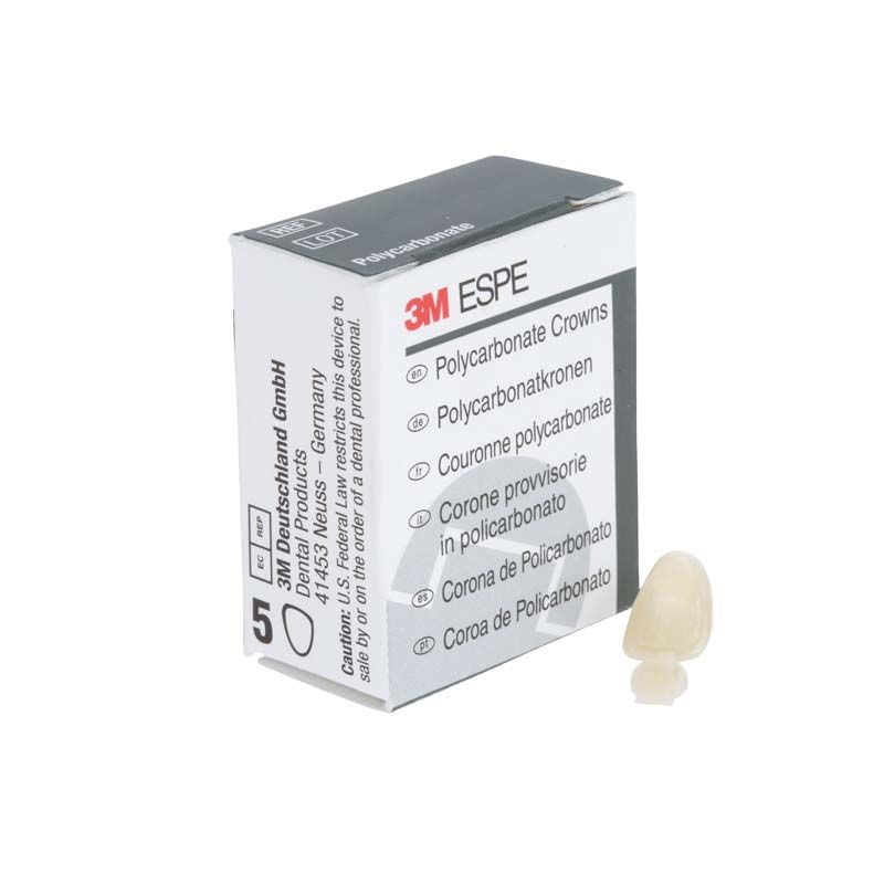 3M Polycarbonat-Kronen Eckzähne Nr. 39 mit einer einzelnen Krone vor der Verpackung.