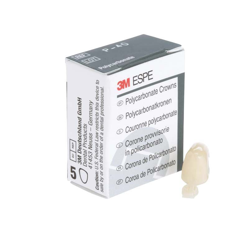 Polycarbonat-Krone Prämolar Nr. 40 neben 3M-Verpackung mit mehrsprachiger Beschriftung.