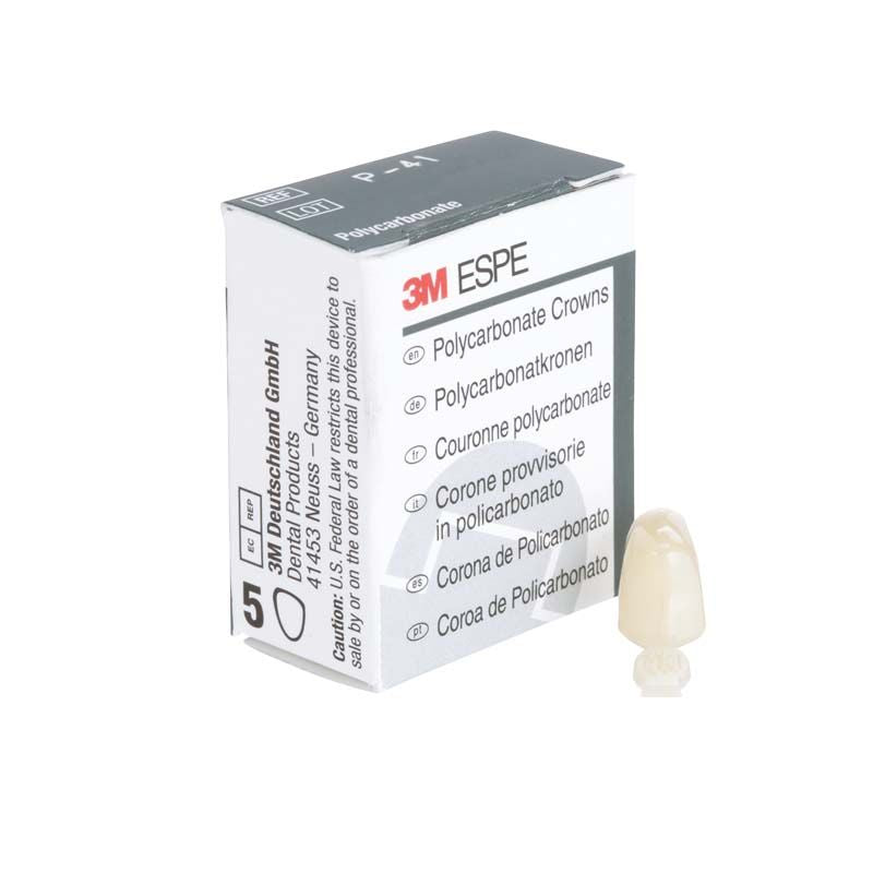 Polycarbonat-Krone Prämolar Nr. 41 neben 3M ESPE Verpackung.