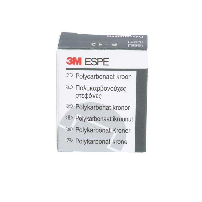 Polycarbonat-Kronenverpackung mit mehrsprachiger Produktbeschreibung von 3M ESPE.