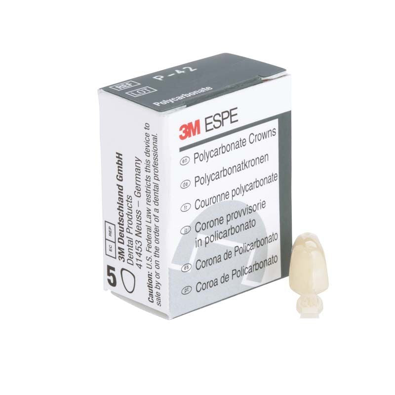 Polycarbonat-Krone Prämolar Nr. 42 neben mehrsprachiger 3M ESPE Verpackung.