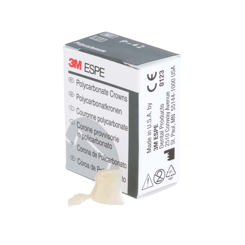 Polycarbonat-Krone Prämolar Nr. 42 neben 3M ESPE Verpackung.