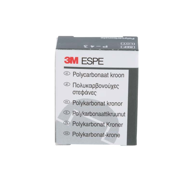 Polycarbonat-Kronenverpackung Prämolar Nr. 43 von 3M mit mehrsprachiger Beschriftung.