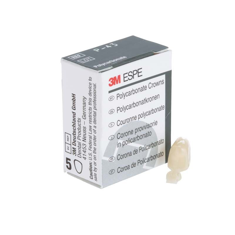 Polycarbonat-Krone Prämolar Nr. 43 vor 3M-Verpackung mit mehrsprachiger Beschriftung.