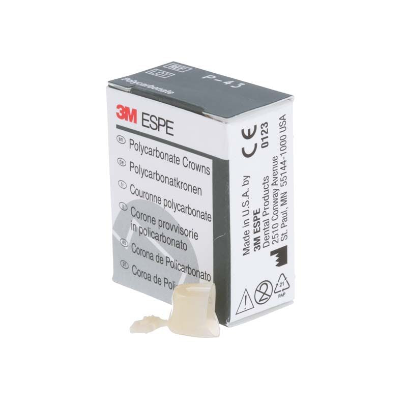 Polycarbonat-Krone Prämolar Nr. 43 neben 3M-Verpackung mit mehrsprachiger Beschriftung.