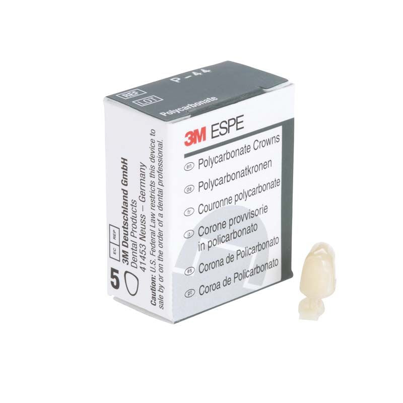 Polycarbonat-Krone Prämolar Nr. 44 neben 3M ESPE Verpackung.