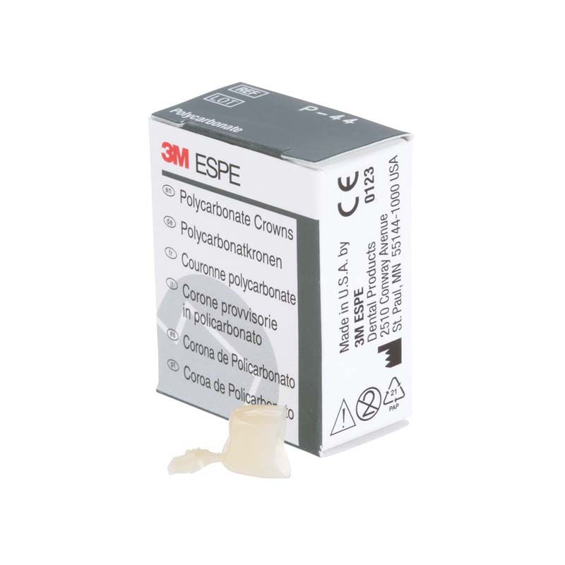 Polycarbonat-Krone Prämolar Nr. 44 vor geöffneter 3M ESPE Verpackung.