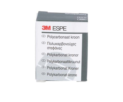 Polycarbonat-Kronenverpackung Prämolar Nr. 50 von 3M mit mehrsprachiger Beschriftung.