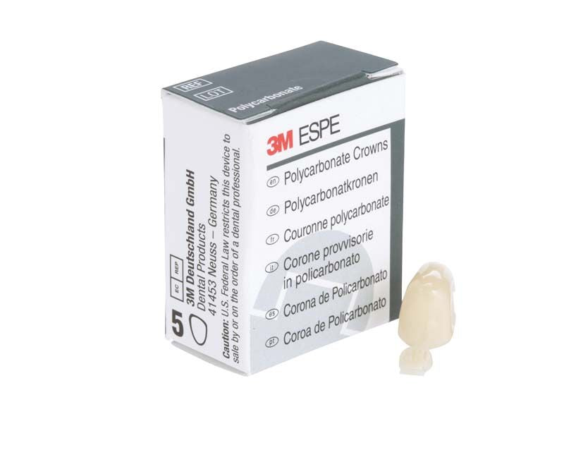 Polycarbonat-Krone Prämolar Nr. 50 von 3M neben der Verpackung.