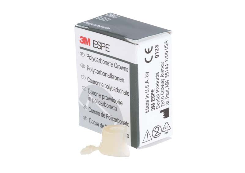 Polycarbonat-Krone Prämolar Nr. 50 von 3M neben Verpackung.