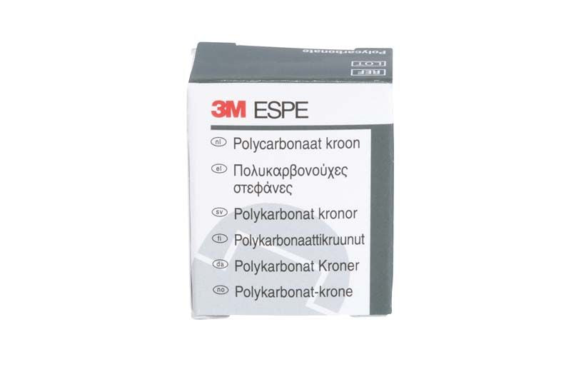 Verpackung der Polycarbonat-Krone Prämolar Nr. 51 von 3M mit mehrsprachiger Beschriftung.