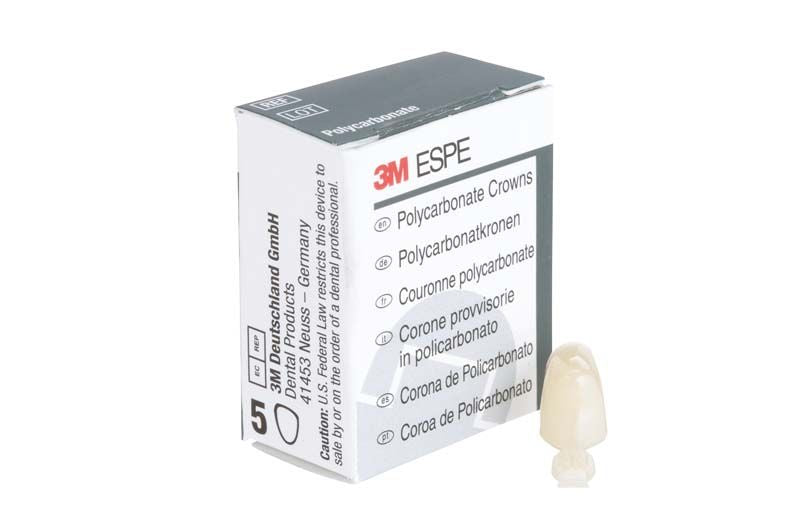 Polycarbonat-Krone Prämolar Nr. 51 neben 3M-Verpackung mit mehrsprachiger Beschriftung.