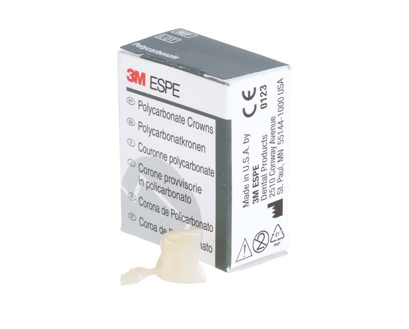 Polycarbonat-Krone Prämolar Nr. 51 vor 3M-Produktverpackung mit mehrsprachiger Beschriftung.
