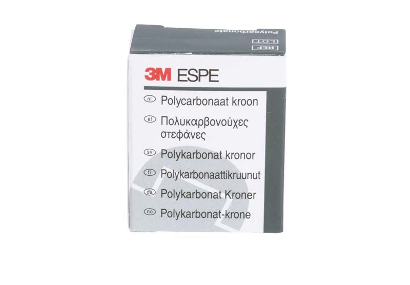 Verpackung der 3M Polycarbonat-Krone Prämolar Nr. 52 mit mehrsprachiger Beschriftung.