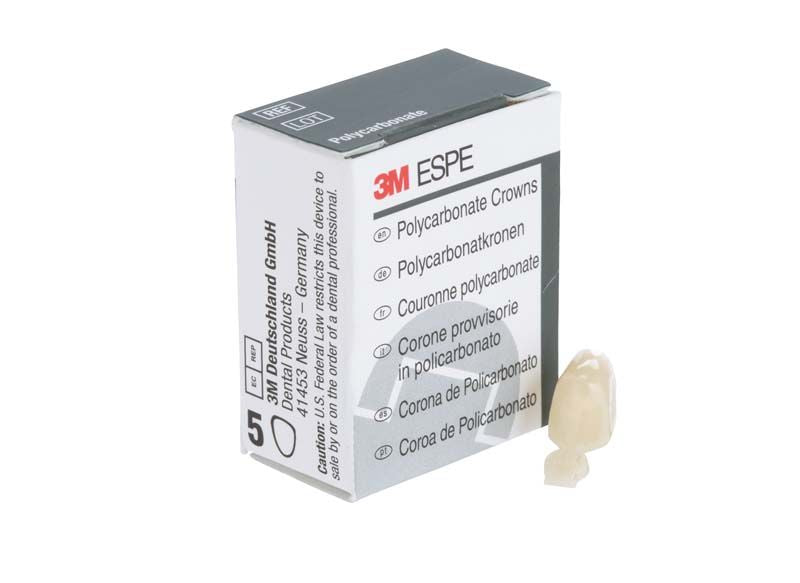 Polycarbonat-Kronen Prämolar Nr. 53 von 3M neben der Verpackung.