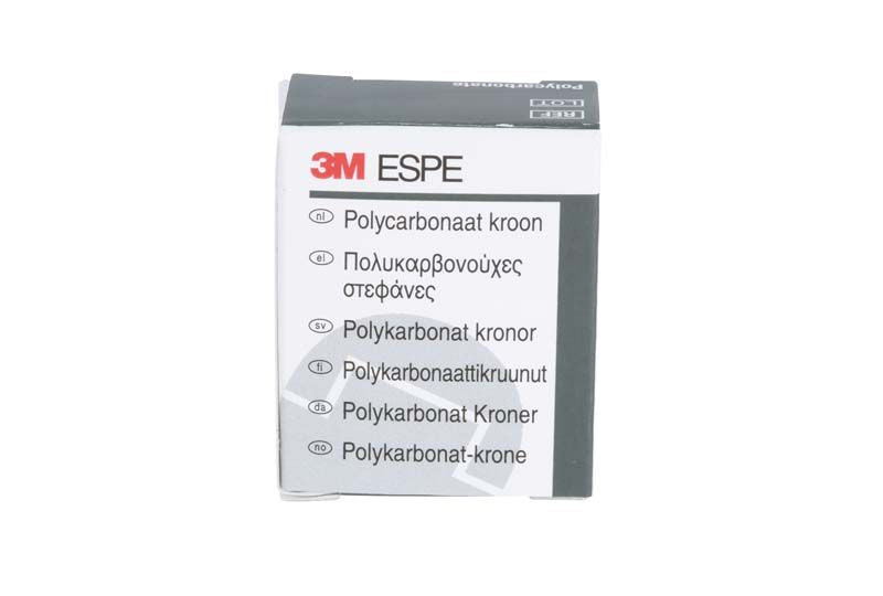 Verpackung der Polycarbonat-Kronen Prämolar Nr. 54 von 3M ESPE mit mehrsprachiger Aufschrift.