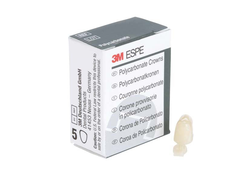 Polycarbonat-Krone Prämolar Nr. 54 neben mehrsprachiger 3M ESPE Verpackung.