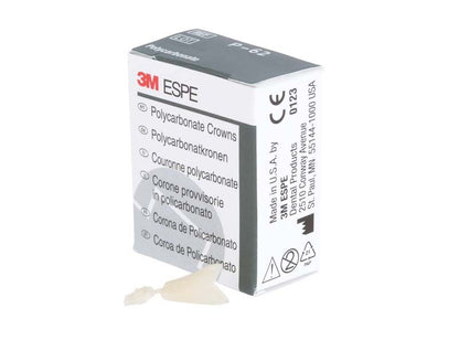 Polycarbonat-Kronen UK Front Nr. 62 neben geöffneter 3M ESPE Verpackung.