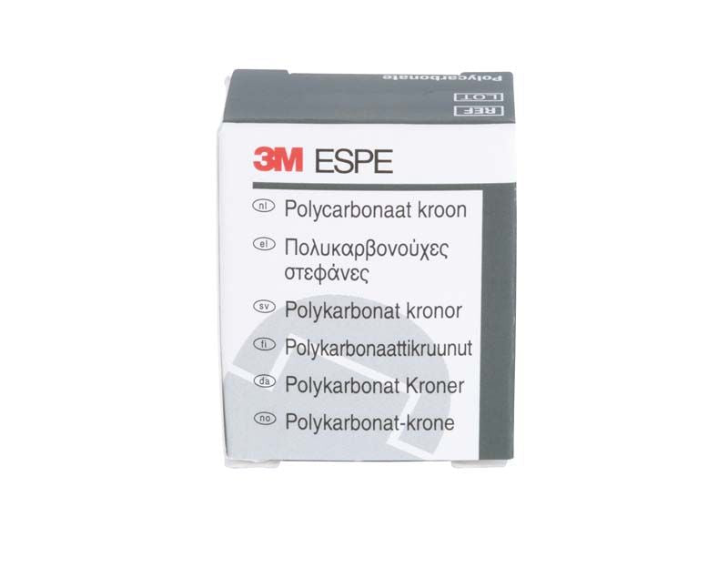 Polycarbonat-Kronen Verpackung mit multilingualer Beschriftung auf weißem Hintergrund.