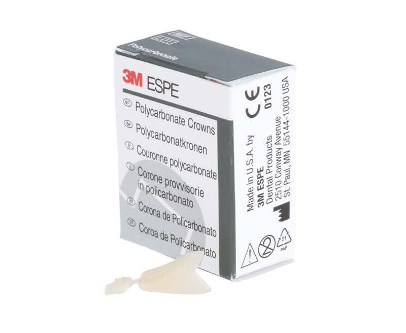 Polycarbonat-Kronenverpackung mit sichtbarer einzelner Krone und mehrsprachiger Beschriftung.