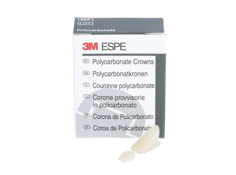 Polycarbonat-Kronen-Verpackung mit sichtbarer Zahnkrone auf weißem Hintergrund.