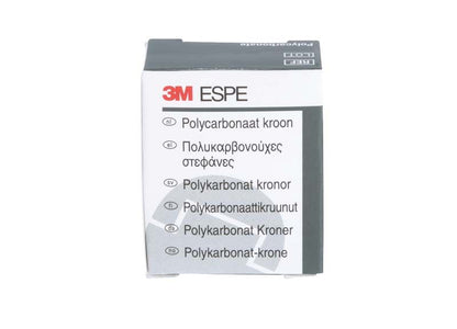 Polycarbonat-Kronenverpackung mit mehrsprachiger Beschriftung auf weißem Hintergrund.