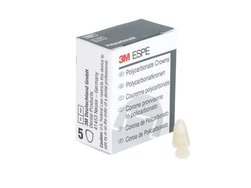 Polycarbonat-Kronenverpackung mit sichtbarer einzelner Zahnkrone und mehrsprachiger Beschriftung.