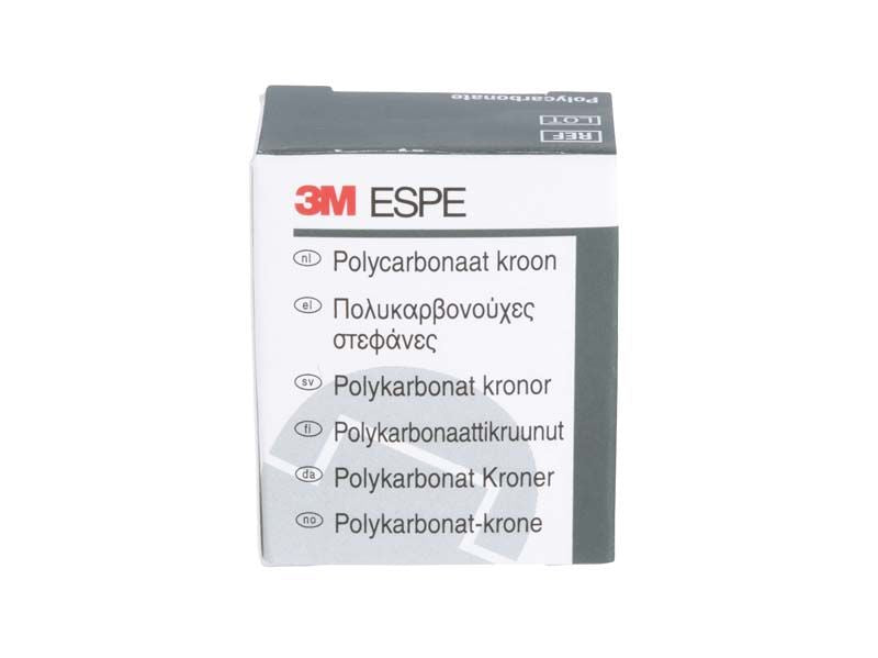 Polycarbonat-Kronen Verpackung mit mehrsprachiger Produktbeschreibung von 3M ESPE.