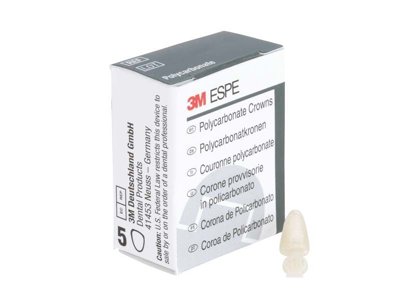 Polycarbonat-Kronen UK Front Nr. 67 neben Verpackung mit mehrsprachigem Aufdruck von 3M ESPE.