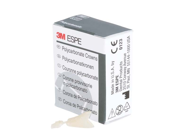 Polycarbonat-Kronen UK Front Nr. 67 neben Verpackung mit 3M ESPE-Logo.