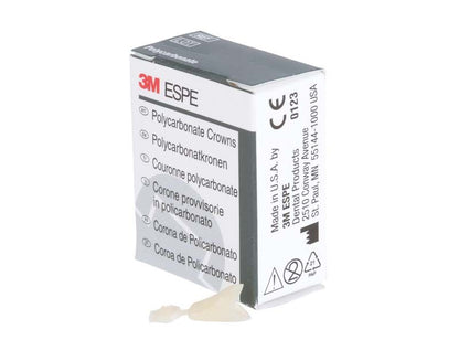 Polycarbonat-Kronen-Verpackung mit zwei Zahnkronen und 3M-Logo im Vordergrund.