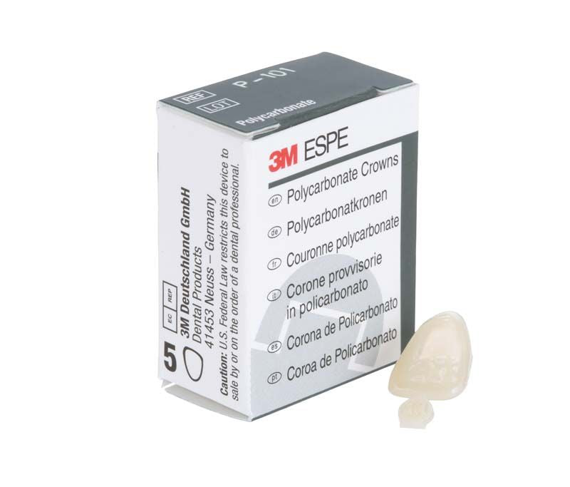 Polycarbonat-Krone OK Front Nr. 101 neben 3M ESPE Verpackung.