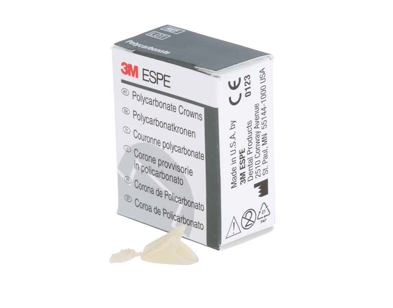 Polycarbonat-Krone vor Verpackung mit mehrsprachiger Beschriftung und 3M-Logo.