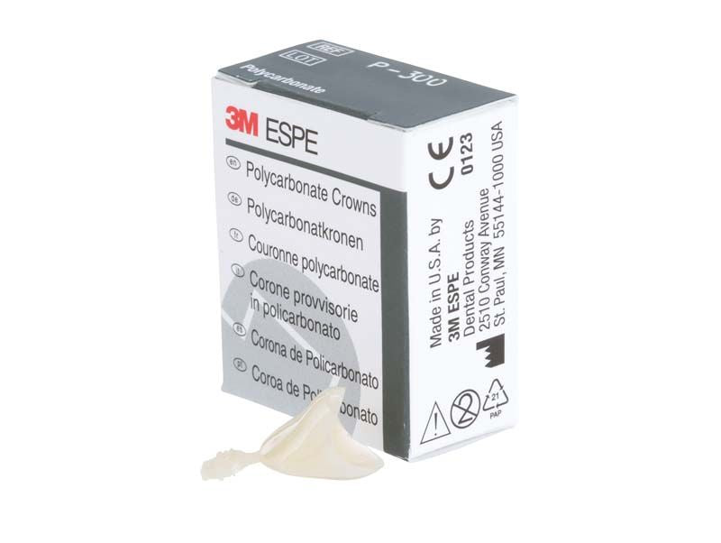 3M ESPE Polycarbonat-Kronen Eckzähne Nr. 300 neben der Produktverpackung.