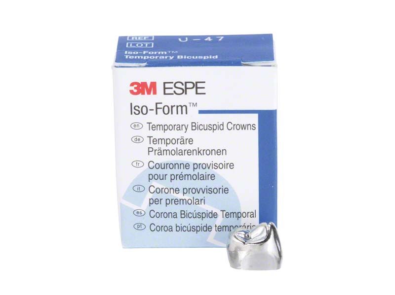 Iso-Form Kronen Prämolaren OK U-47 mit Verpackung auf weißem Hintergrund.