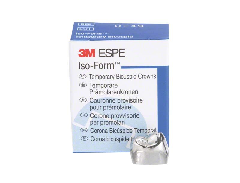 Temporäre Prämolarenkrone Iso-Form U-49 in Verpackung.