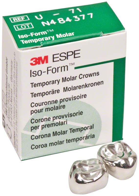 Zwei metallische Kronen für obere Molaren neben der Iso-Form-Verpackung.